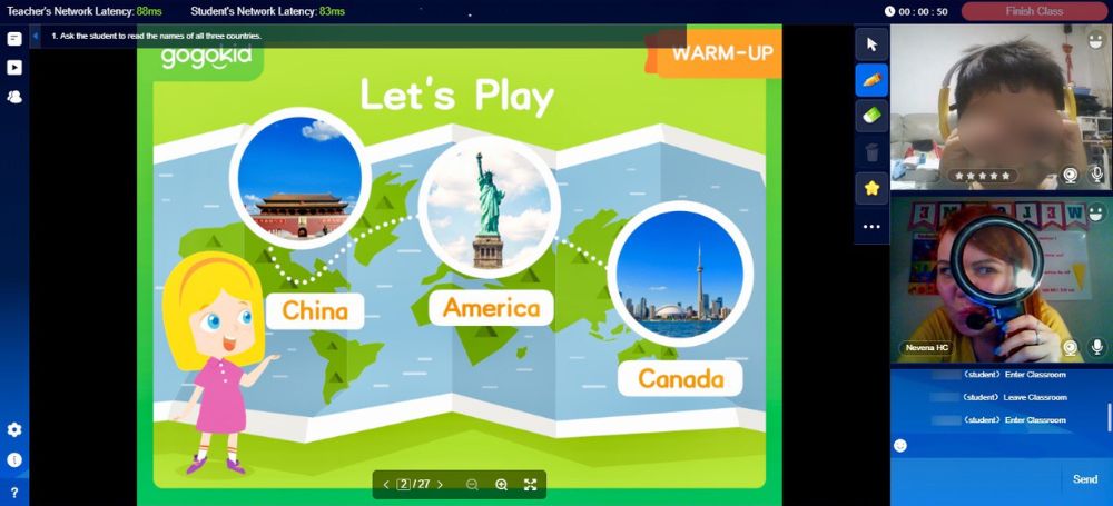 Teacher teaching an online ESL lesson using visual teaching aids